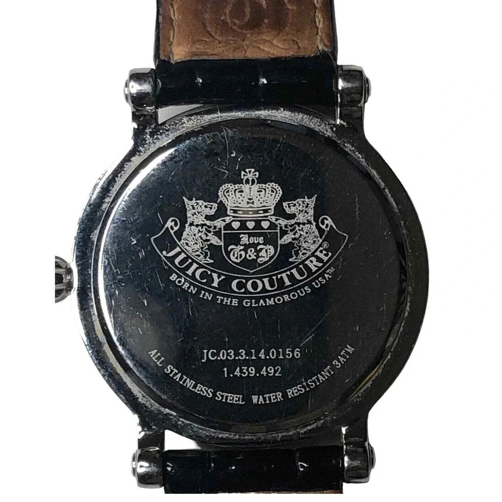 Juicy Couture Women's Watch Black Leather‎ Band Rhinestone Bezel Crown Logo